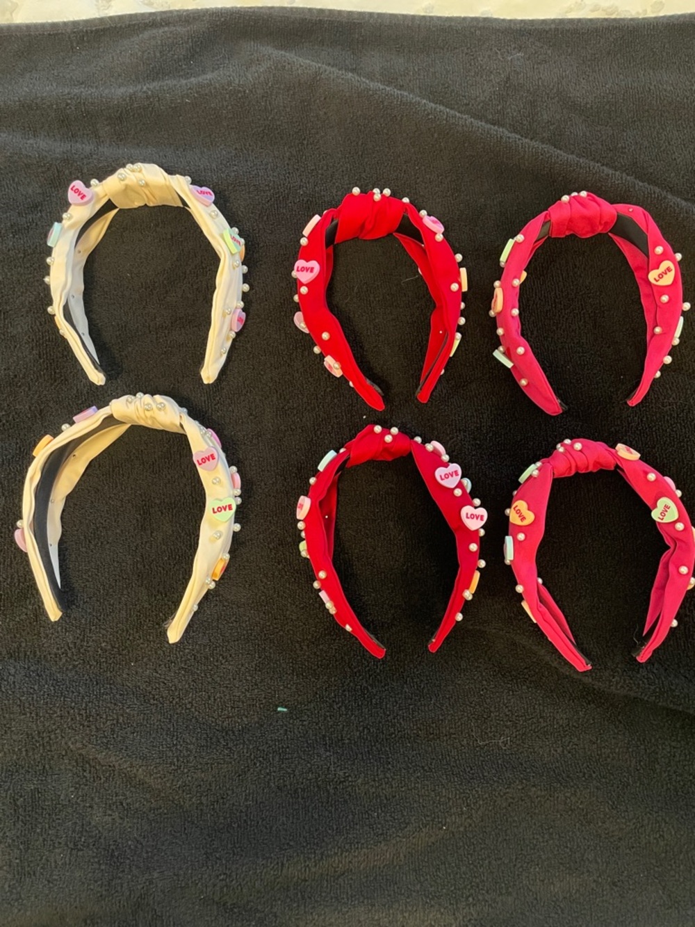 Beaded Candy Heart Embellished Knot Valentine’s Headbands Ivory & Red set of 6